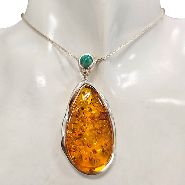 Handmade Multicolor Amber & Turquoise Sterling Silver Pendant