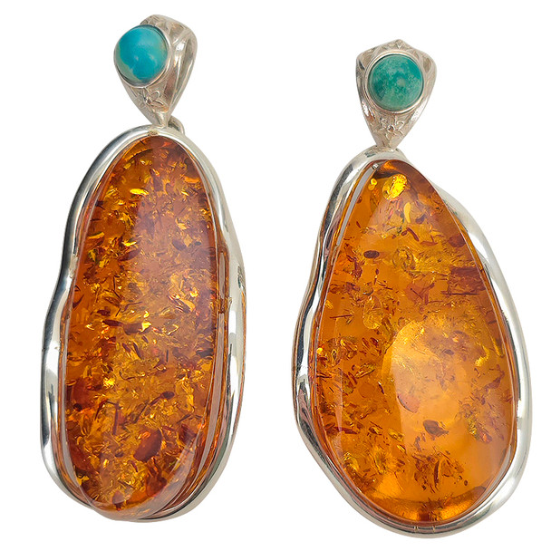 Handmade Multicolor Amber & Turquoise Sterling Silver Pendant