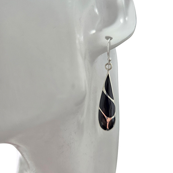 Black Onyx Inlay Teardrop Sterling Silver Hook Earrings