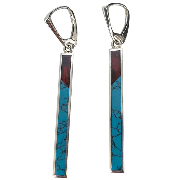 Turquoise & Amber Multicolor Inlay Bar Sterling Silver Leverback Earrings
