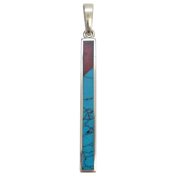 Turquoise & Amber Multicolor Inlay Bar Sterling Silver Pendant