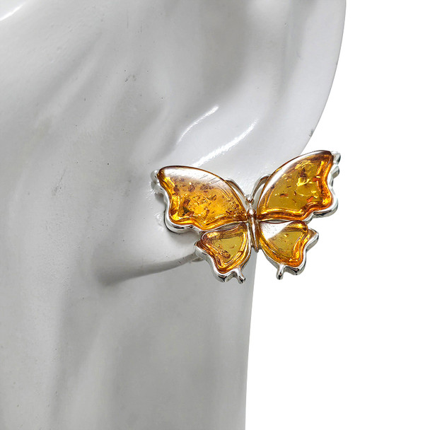 Cognac Amber Butterfly Sterling Silver Stud Earrings