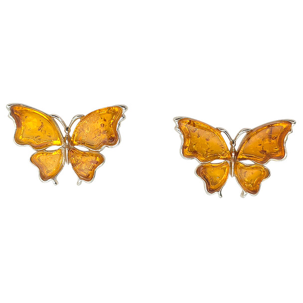 Cognac Amber Butterfly Sterling Silver Stud Earrings