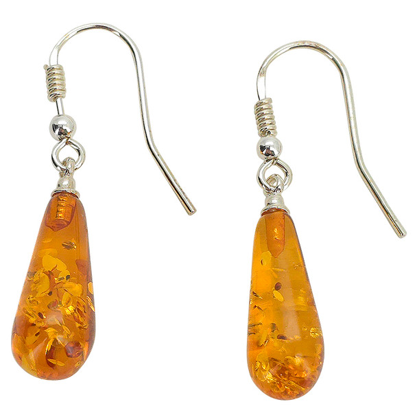 Cognac Amber Long Teardrop Sterling Silver Hook Earrings