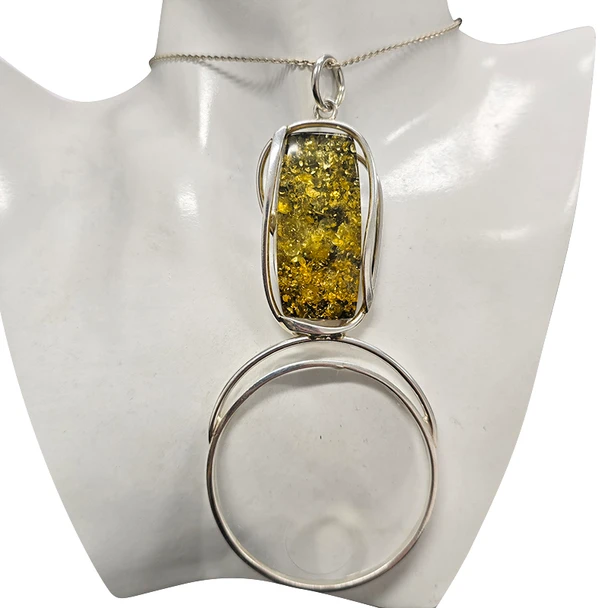 Green Amber Rectangular Open Circle Sterling Silver Pendant
