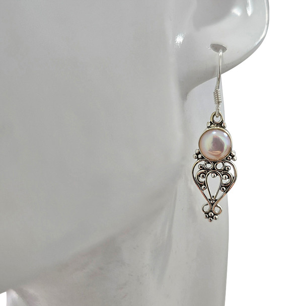 Pearl Scrollwork Sterling Silver Hook Earrings