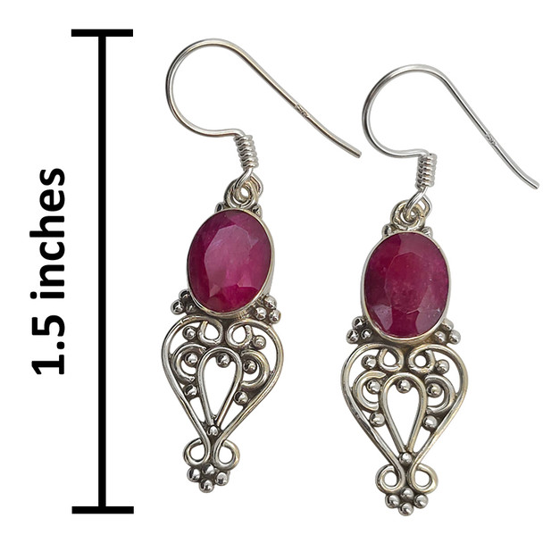 Faceted Composite Ruby Scrollwork Sterling Silver Hook Earrings