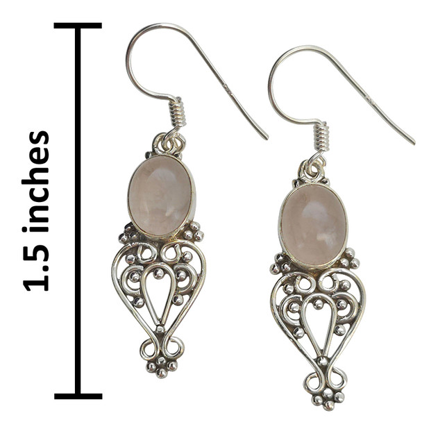 Rose Quartz Scrollwork Sterling Silver Hook Earrings