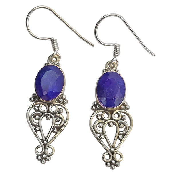 Faceted Composite Sapphire Scrollwork Sterling Silver Hook Earrings