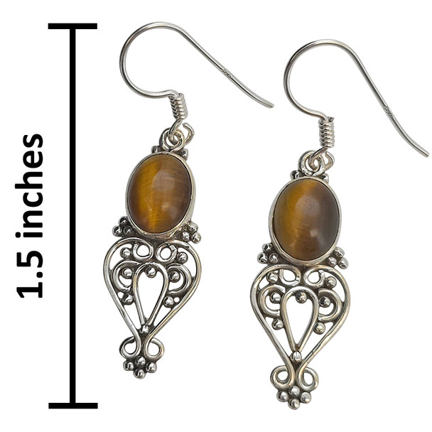 Tiger Eye Scrollwork Sterling Silver Hook Earrings
