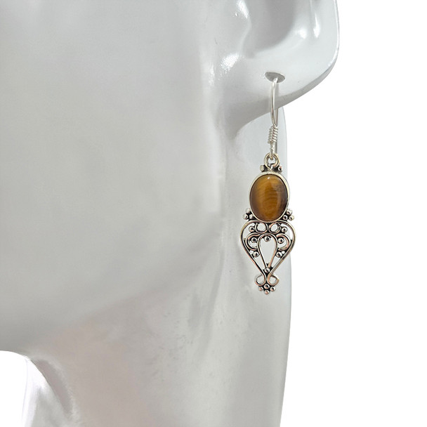Tiger Eye Scrollwork Sterling Silver Hook Earrings