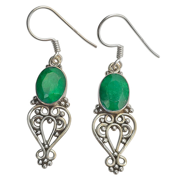 Faceted Composite Emerald Scrollwork Sterling Silver Hook Earrings