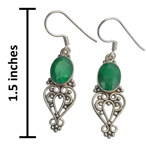 Faceted Composite Emerald Scrollwork Sterling Silver Hook Earrings