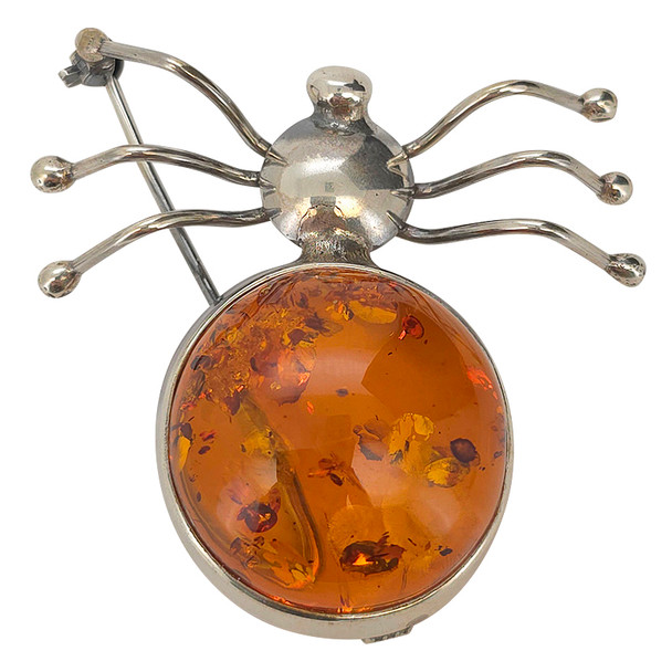 Cognac Amber Spider Sterling Silver Pin/Brooch