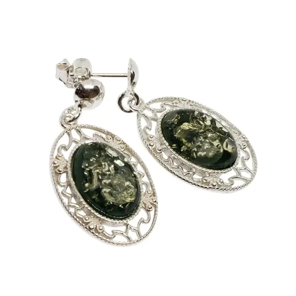 Green Amber Sterling Silver Post Dangle Earrings