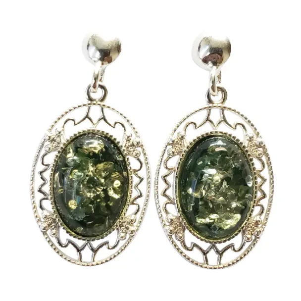 Green Amber Sterling Silver Post Dangle Earrings