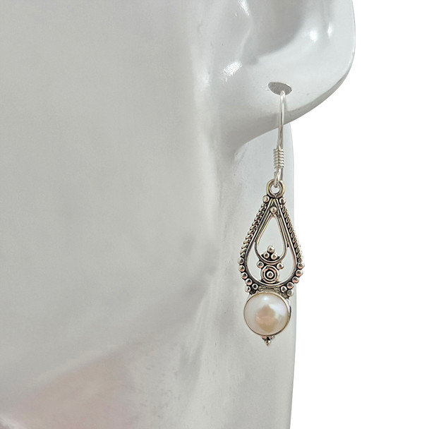 Pearl Scrollwork Sterling Silver Hook Earrings
