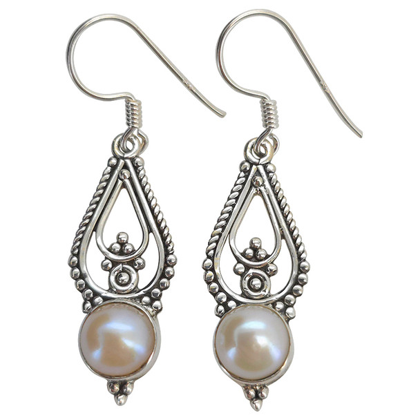 Pearl Scrollwork Sterling Silver Hook Earrings