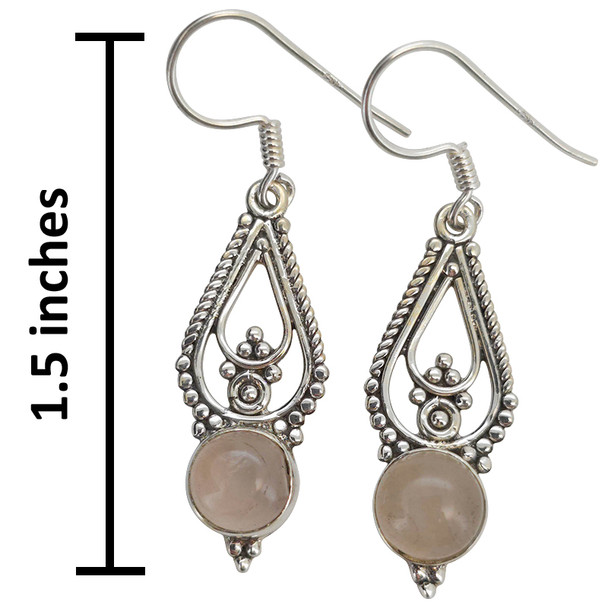 Rose Quartz Scrollwork Sterling Silver Hook Earrings