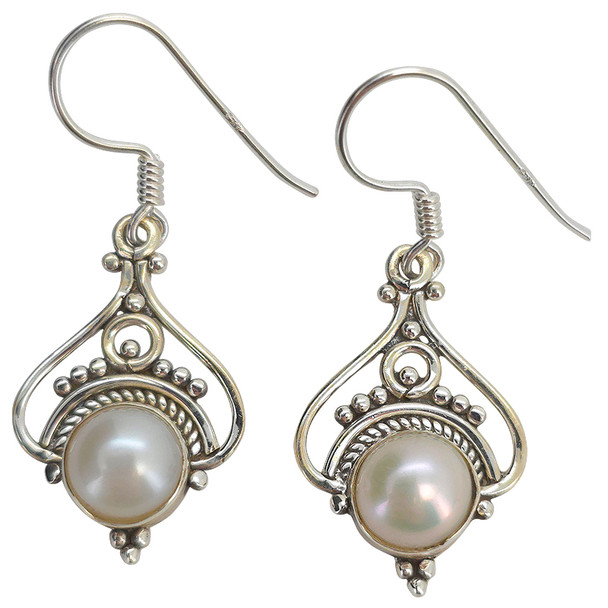 Pearl Scrollwork Sterling Silver Hook Earrings