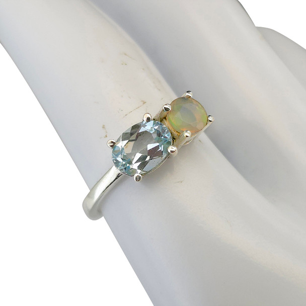 Faceted Blue Topaz & Opal Two-Stone Sterling Silver Ring