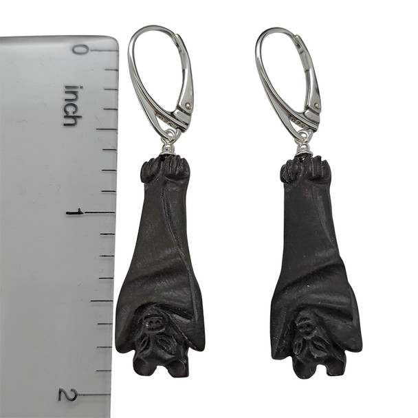 Black Amber Silver Bat Carved Earrings On Hooks