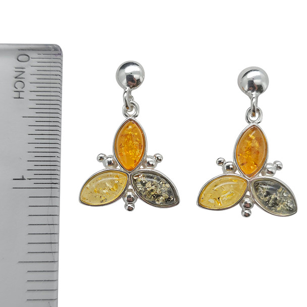 Amber Sterling Silver Flower Post Dangle Earrings