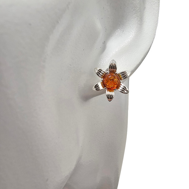 Amber Sterling Silver Flower Stud Earrings