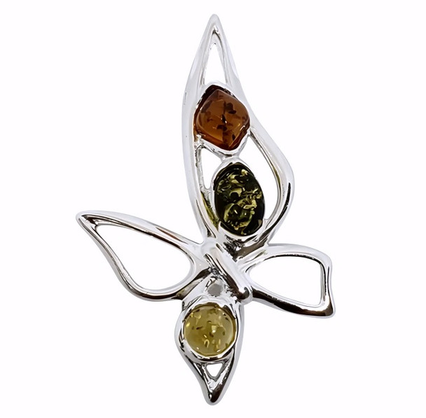 Butterfly Multicolor Amber Sterling Silver Pendant