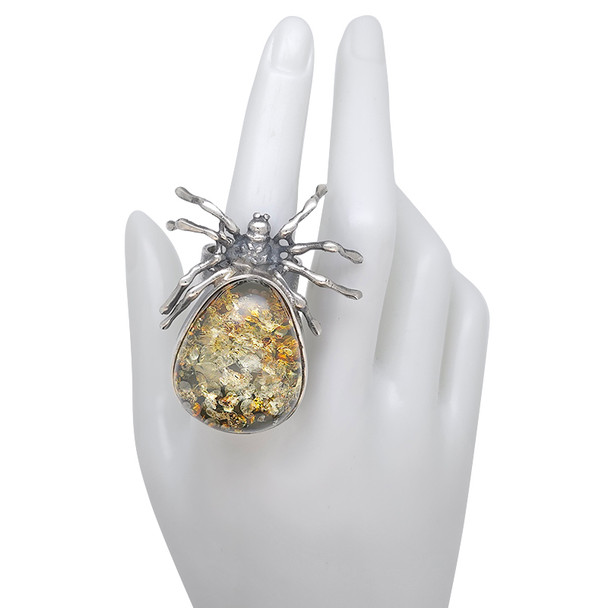 Handmade Green Amber Silver Spider Adjustable Ring