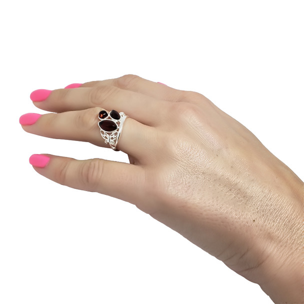 Cherry Amber / Butterfly Design Silver Ring