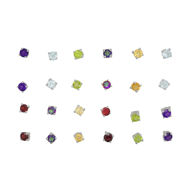 Pack Of 12 Pairs Faceted Gemstone Sterling Silver Stud Earrings