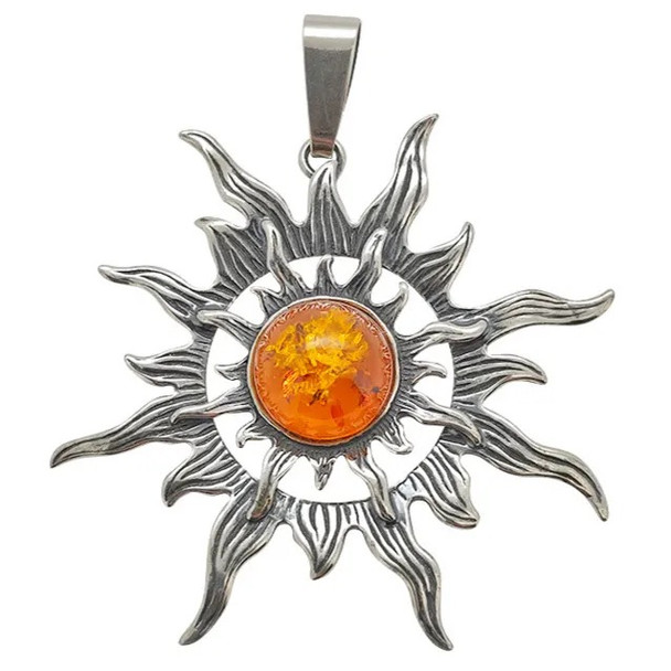 Cognac Amber Silver Sun Large Pendant