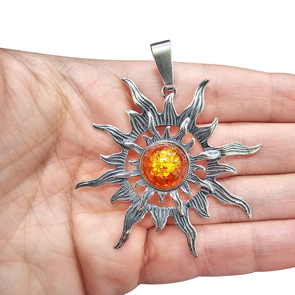 Cognac Amber Silver Sun Large Pendant