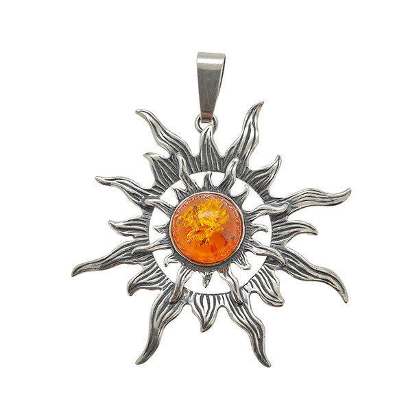 Cognac Amber Silver Sun Large Pendant