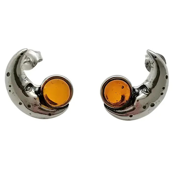 Cognac Amber Sterling Silver Moon Stud Earrings