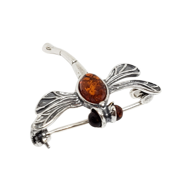 Amber Sterling Silver Dragonfly Pin