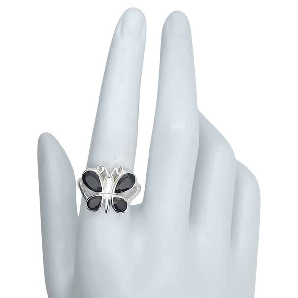 Faceted Black Onyx Sterling Silver Butterfly Ring
