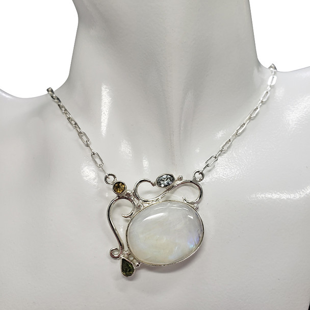 Moonstone Peridot Blue Topaz Sterling Silver Necklace 24''