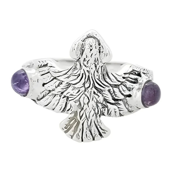 Amethyst Stone Sterling Silver Hawk Ring