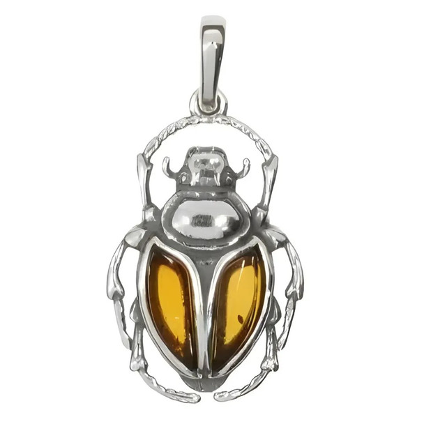 Cognac Amber Sterling Silver Scarab Pendant