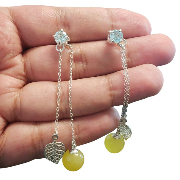 Butterscotch Amber/Blue Topaz Sterling Silver Post Dangle Earrings