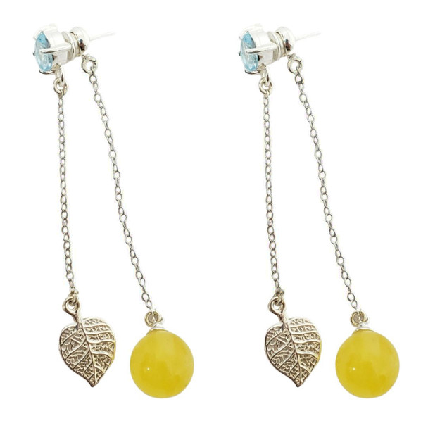 Butterscotch Amber/Blue Topaz Sterling Silver Post Dangle Earrings