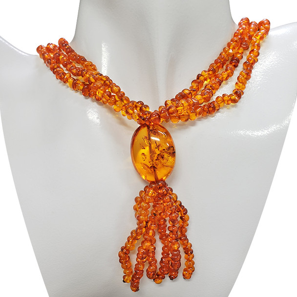Cognac Amber 3 Strings Beaded Necklace 24''