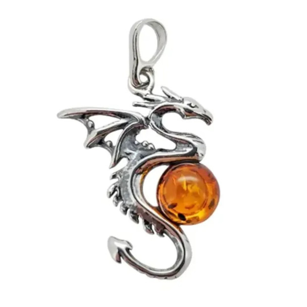 Cognac Amber Sterling Silver Dragon Pendant