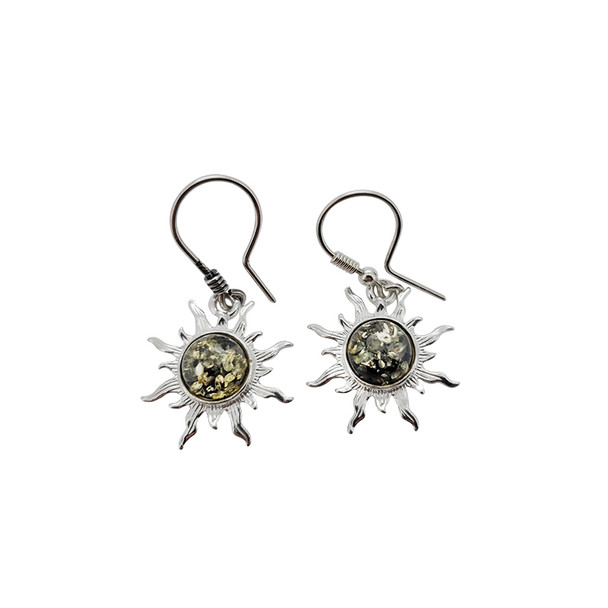 Sun Green Amber Silver Earring On Hooks