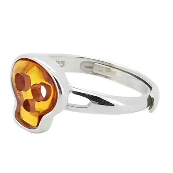Cognac Amber Sterling Silver Skull Adjustable Ring