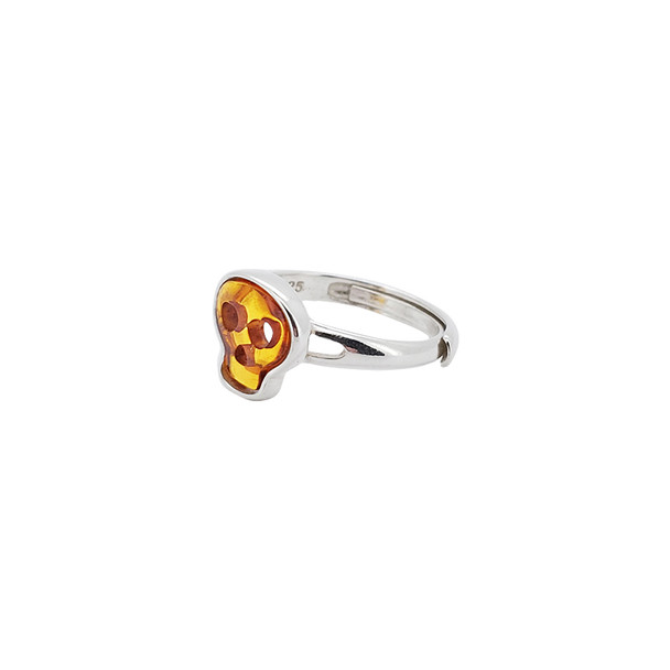 Cognac Amber Sterling Silver Skull Adjustable Ring