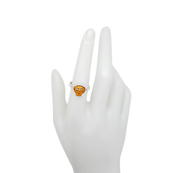 Cognac Amber Sterling Silver Skull Adjustable Ring