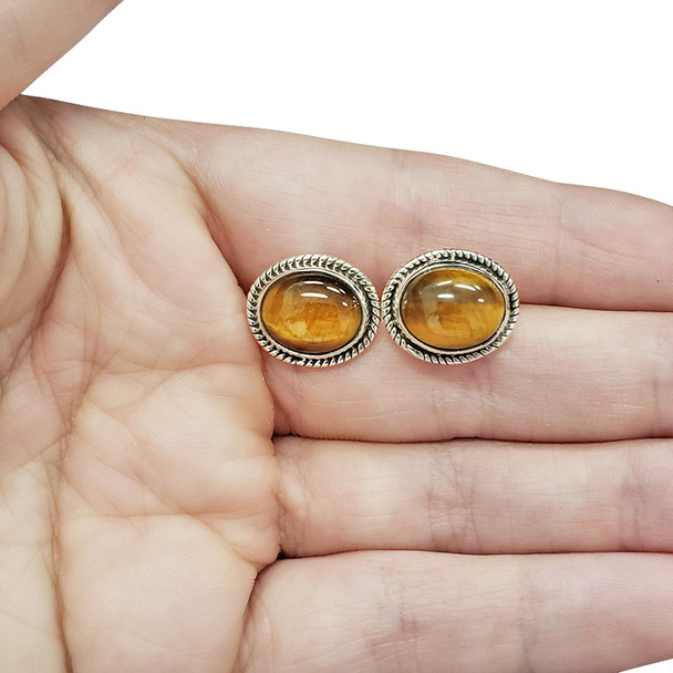 Large Tiger Eye Stud Silver Earrings